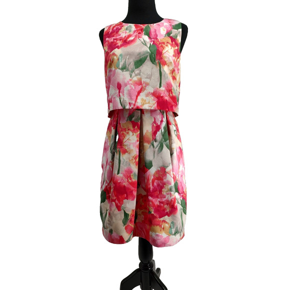 Eliza J. Pink Floral Jacquard Popover Fit&Flare Dress Size 8 Lined Pockets Zip - Picture 1 of 16